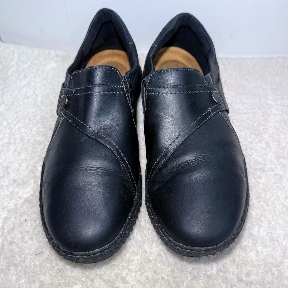 Clarks Leather Shoes Women's 11 Black Caroline Pearl Pull On Loafers Cushioned
